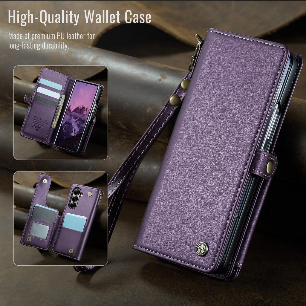 Premium Leather Case for Samsung Galaxy Z Fold 7 Fold6 Lanyard Card Holder Wallet RFID Blocking Protection Anti-drop Phone Cover