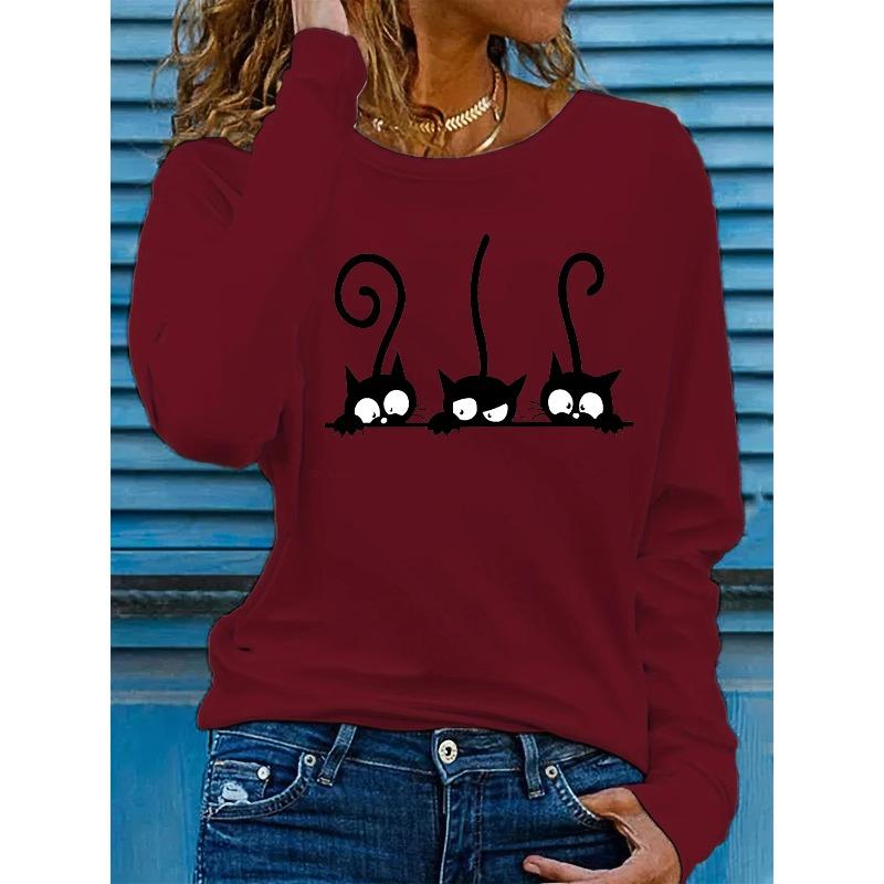 

Мужские футболки с 3D-принтом с мультяшным котом, повседневные, с длинным рукавом - Мягкая полиэстеровая ткань средней эластичности, одежда для весны и осени, свободного кроя 5XL