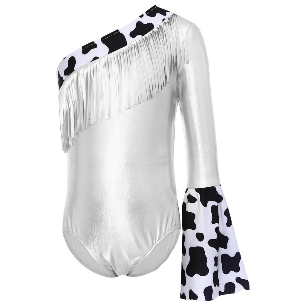 Costume Cowgirl pour Filles Manches Longues Évasées à Gauche Combinaison Métallique Patchwork à Franges Boutons Pression