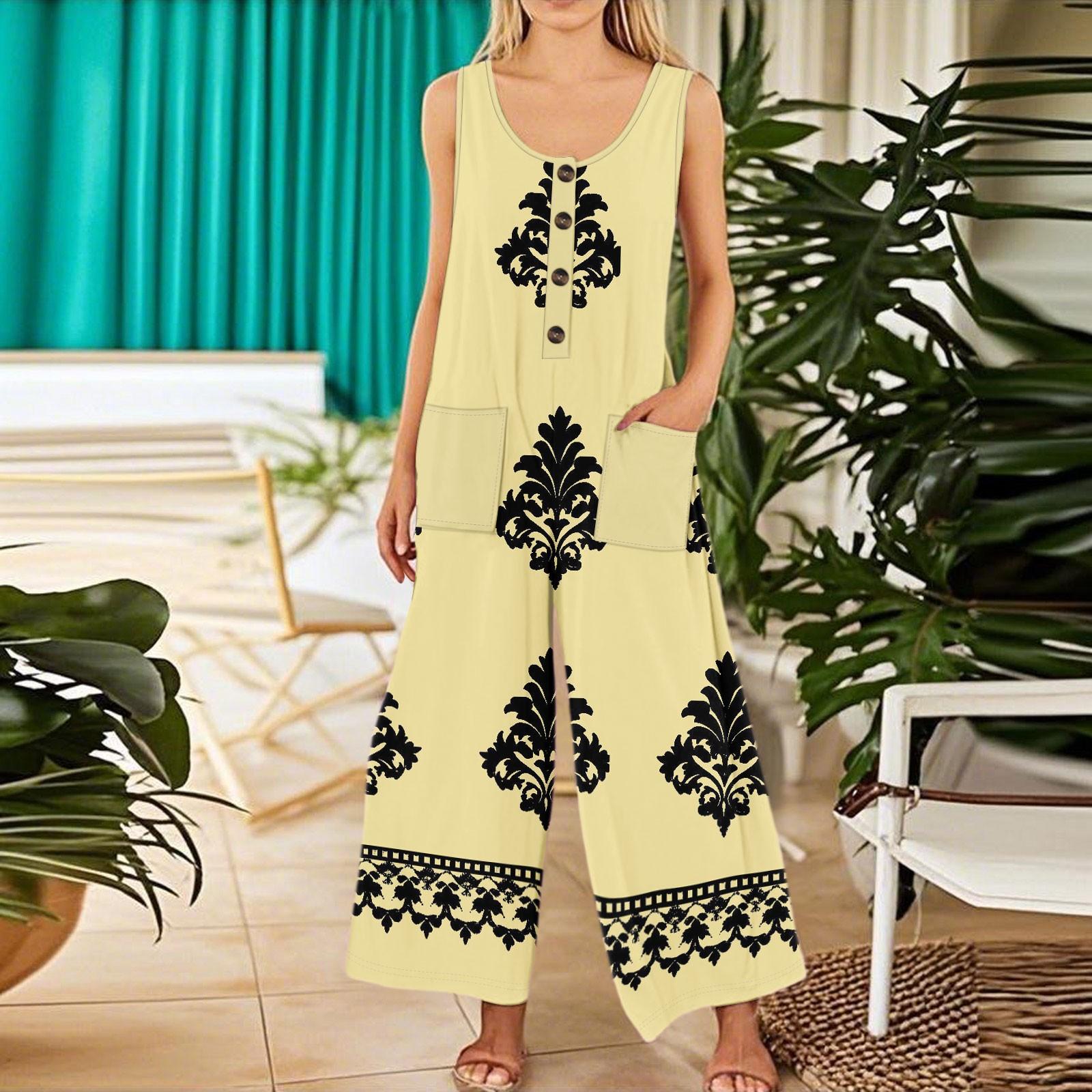 

Женский модный повседневный комбинезон без рукавов с пуговицами и цветочным принтом, хлопковый комбинезон с карманами XL жёлтый