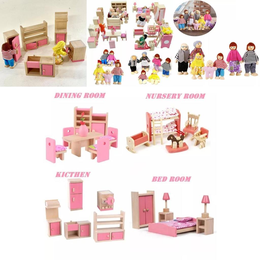 Entzückendes Holzpuppenhaus-Möbelset für Kinder mit farbenfrohen Schlafzimmer-, Küchen- und Wohnzimmer-Accessoires