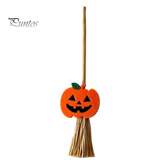 Decorative Straw Broom Props Halloween Mini Broomstick Ornament, Witch Pumpkin Bat Ghost Decor with Natural Grass Double-layer Glitter Felt