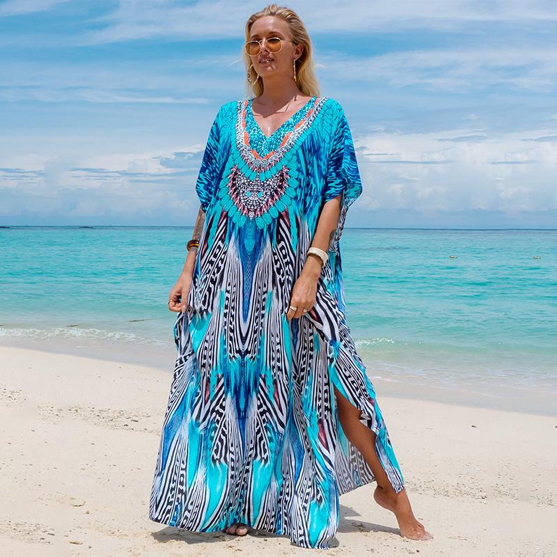 EDOLYNSA Bedruckte türkische Robe mit Fledermausärmeln, Sommer-Tunika, Plus-Size-Bademode, Cover-Up für Damen-Bademode, blaue Kaftan-Kleider, Q1415