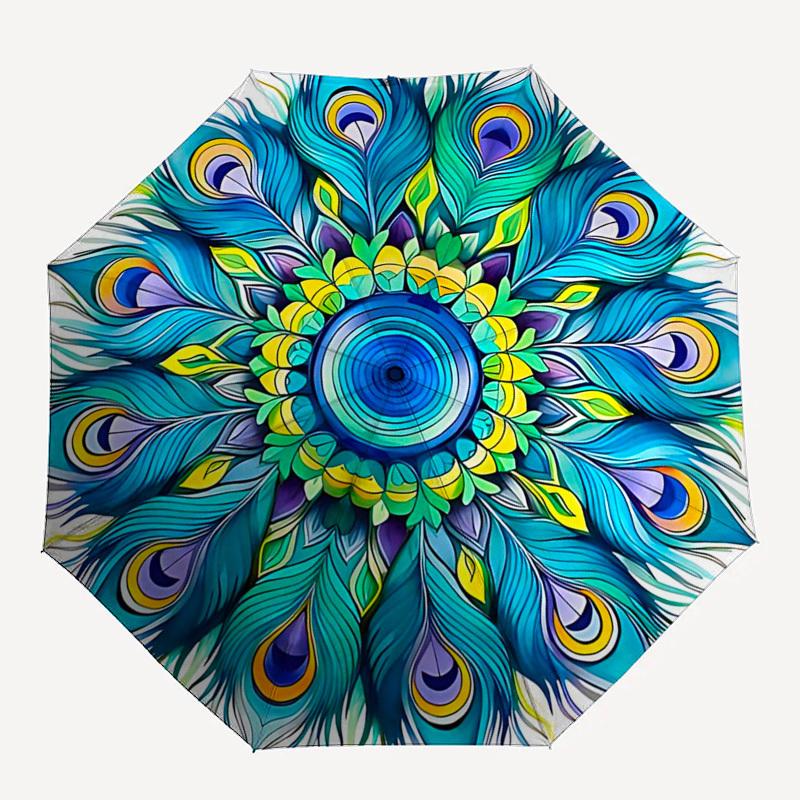 1pc Peacock Feather Mandala Automatic Folding Umbrella - Portable 3-Fold Design, 8-Bone Iron Frame Outdoor Umbrella, Ideal Gift for Fans, Travelers, D