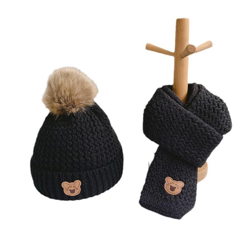 Autumn and Winter Children's Hats, Scarves and Gloves Three-piece Set, Winter Thermal Plush Men's and Women's Children's Bear Wool Hats