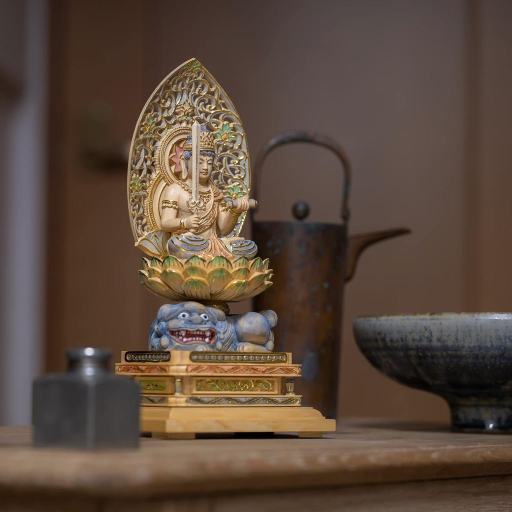 Sitzender Manjusri Bodhisattva Holz Zypressenholz mit leichtem Gold Schutzgottheit der Chinesen für diejenigen, die im Jahr des Hasen geboren sind Bosatsu Statue,