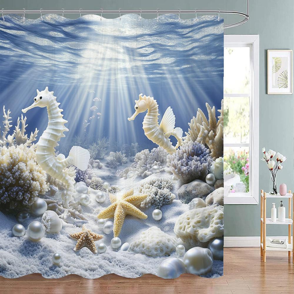 Ocean Animals Shower Curtains,Dolphin Sea Turtle Fish Coral Underwater Cave Scenery Fabric Children Bath Curtain Bathroom Decor