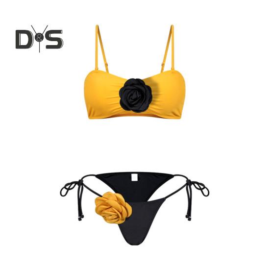 2Pcs/Set Women Bikini Set Sling Flower Decor Bra Lace-Up Briefs Set Three-Dimensional Flowers Adjustable Shoulder Straps Swimsuit