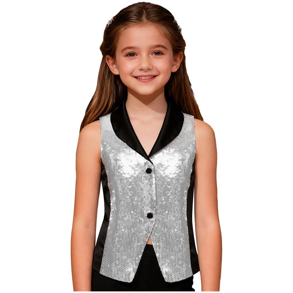 Třpytivá pódiová vesta pro dívky: Saténová vesta s kontrastními barvami, klopovým výstřihem a patentkami, Nezbytnost pro taneční kostým