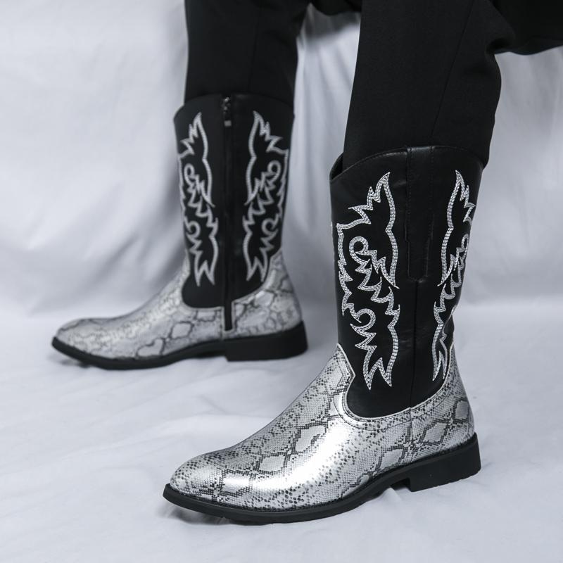 Knight pointed leather boots Fashionable embroidery styles Outdoor street walking motorcycle Daily Trendy Party Adult shoes