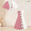 Women Plus Size Printed Two Piece Set Batwing Sleeve Cropped Shrug Strappy Flared Dress Pink White