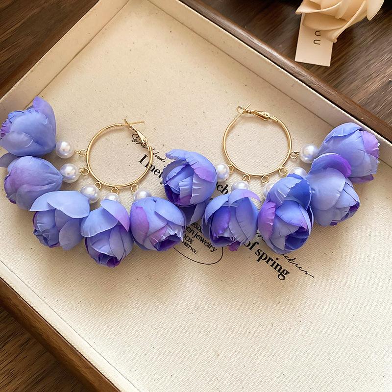 Fabric Flower Bloom Hoop Earrings for Women Super Fairy Round Imitation Pearl Earring Light Luxury Sweet Holiday Ear Buckles D