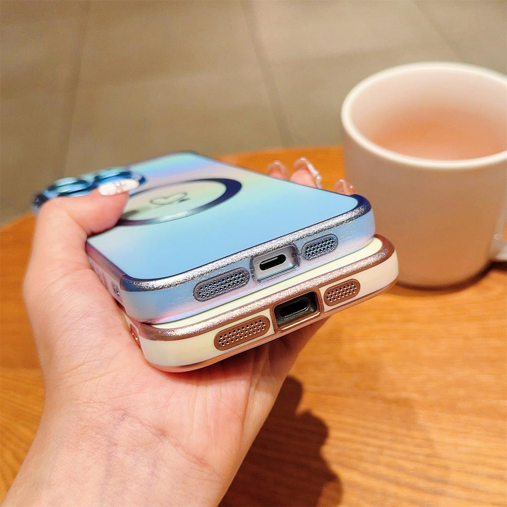 For iPhone 15 Pro Magnetic Case Iridescent TPU Phone Cover Side Small Love Heart Pattern
