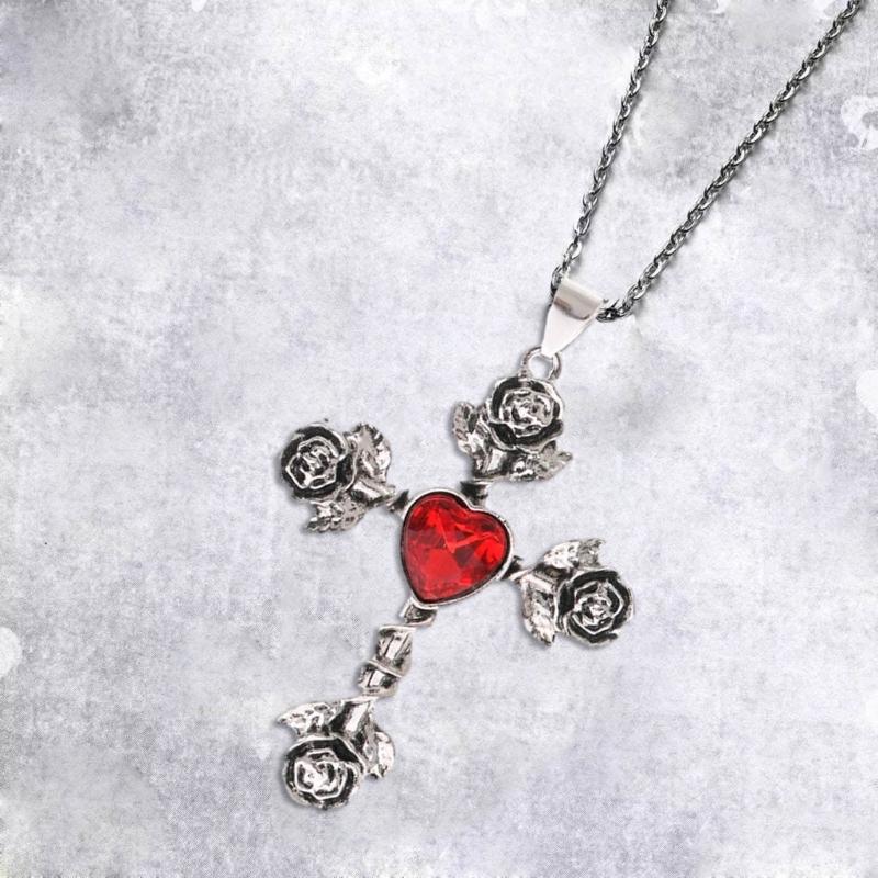 Thorn Knotted Rose Crosses Pendant Necklace Ornament Stylish Neckchain Accessories for Gothic Style Enthusiasts
