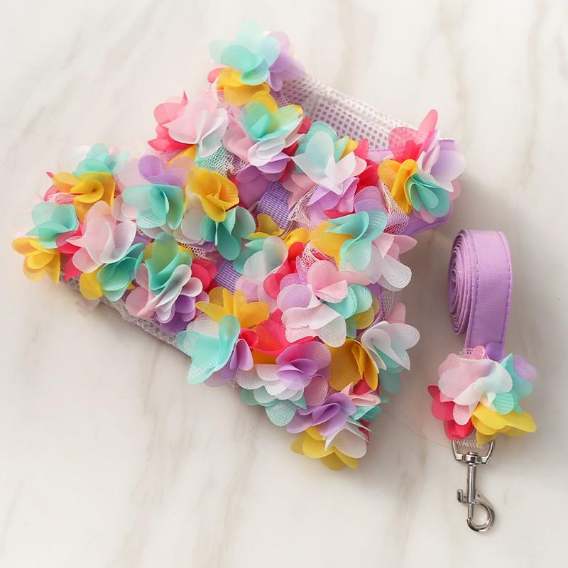 Adjustable Pet Harness With Leash Small Dogs Cats Teddy Bichon Fashion Floral Trim