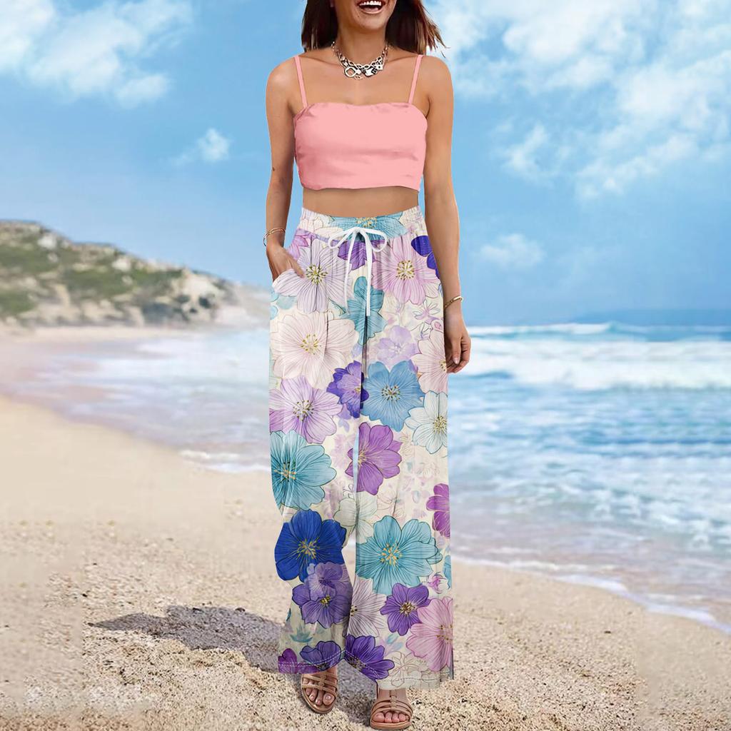 Dámské letní kalhoty Boho Palazzo s vysokým pasem a širokými nohavicemi s květinovým potiskem ležérní kalhoty s kapsami