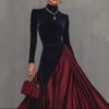 2026 Spring Elegant Velvet Patchwork Dress with Flare Skirt and High Neck