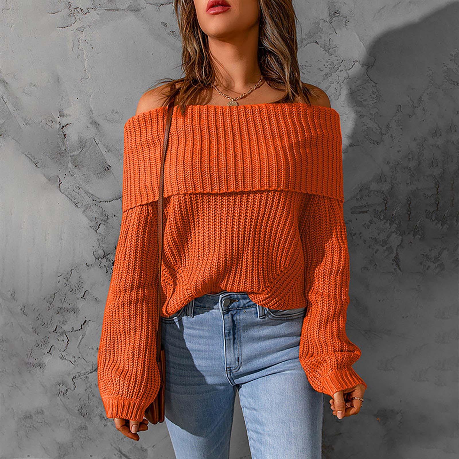 

Женский свитер с открытыми плечами, однотонный свободный топ S оранжевый