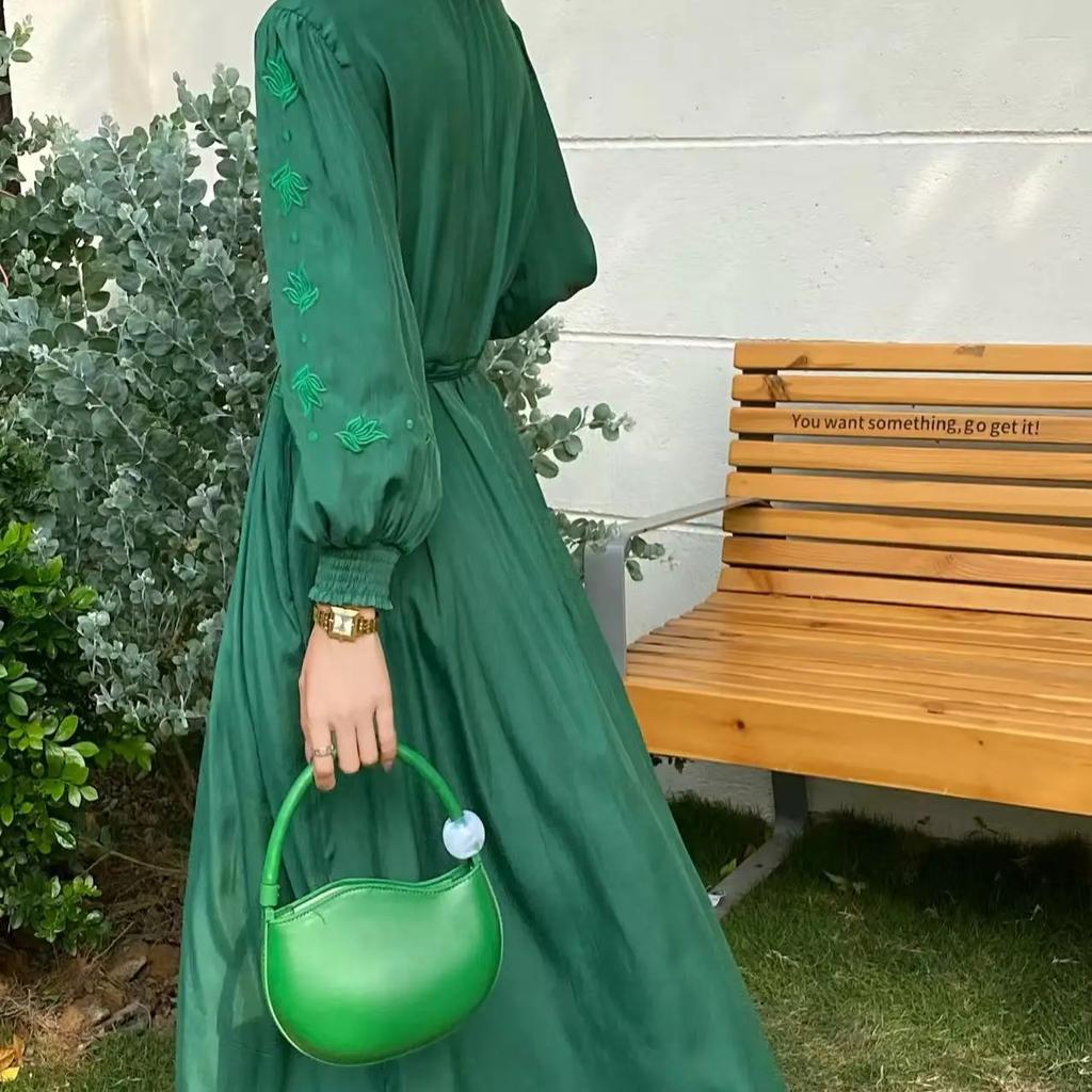 Spring Autumn Dress Women Floral Embroidery Fashion Ruffle Pleated Ladies Dresses Long Sleeve Loose Woman Dress