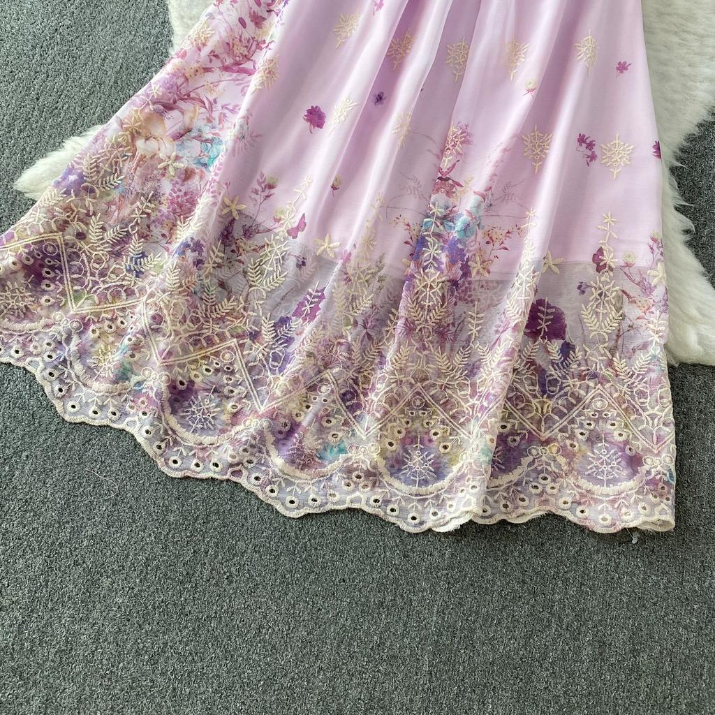 Summer Vintage Hollow Out Embroidered Midi Dress Women's V-neck Short Sleeve Elastic Waist Slim Long Dress