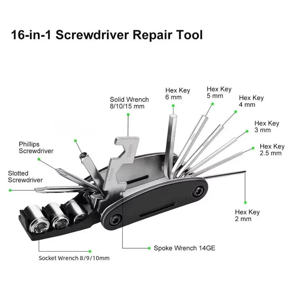 16-in-1 Portable Bicycle Repair Tool Kit Hex Wrench Nut Tire Screwdriver Set for Motorcycle And Bicycle Maintenance 16-in-1