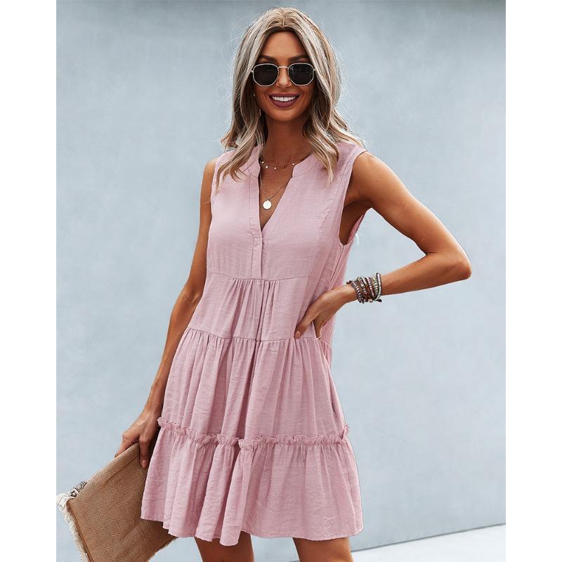 Damen V-Ausschnitt Sexy Einfarbiges Kleid Sommer Ärmelloses Kleid