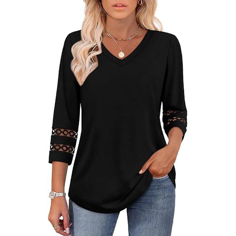 2026 Women's Fashion Solid Color V-Neck Loose Three-Quarter Sleeve Round Neck Hollow-Out Casual Top