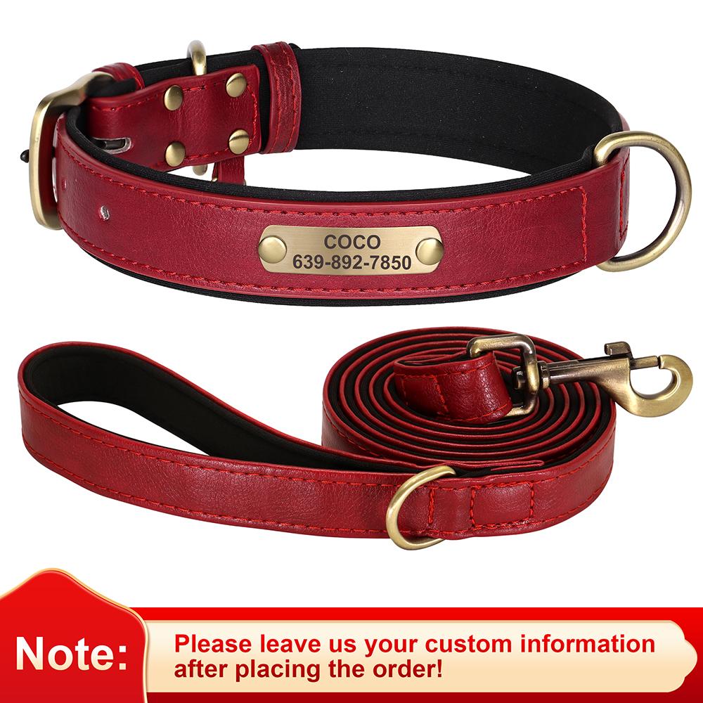 Personalized Dog ID Collar With Leash Soft Padded PU Leather Dogs Collar and Leash Set Anti-lost Tag For Small Medium Large Dogs