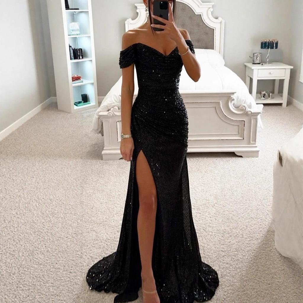 Europäisches & Amerikanisches One-Shoulder Pailletten-Schlitzkleid - Damen Freizeit Party Mode
