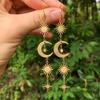 Bohemia Gold Color Stainless Steel Sun Crescent Moon Inlaid Zircon Miscanthus Awn Star Pendant Dangle Earrings for Women Jewelry