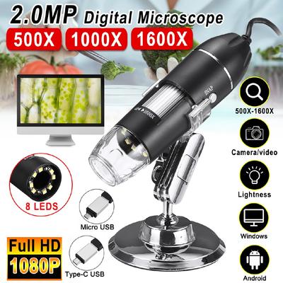 1080P 1600X 2MP 8 LED Adjustable Digital Microscope Type-C/Micro USB Magnifier Electronic Stereo USB Endoscope for Phone