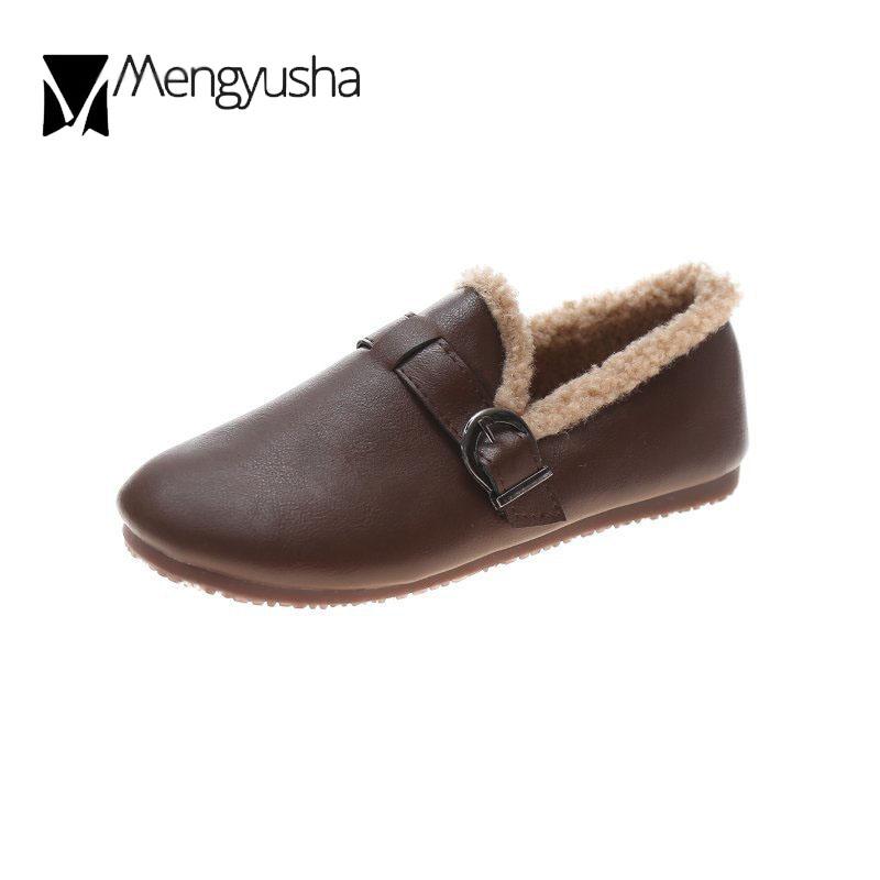 Retro Casual Winter Cotton Shoes Women Buckle Band Wool Fur Flats Woman Round Toe Loafers Fur Moccasins Warm Plush Sneakers 2024