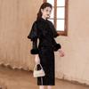 Black Fleece-Lined Modern Chinese Style Long Sleeve Cheongsam Dress With Shawl Winter Women Vintage Elegant Outfit