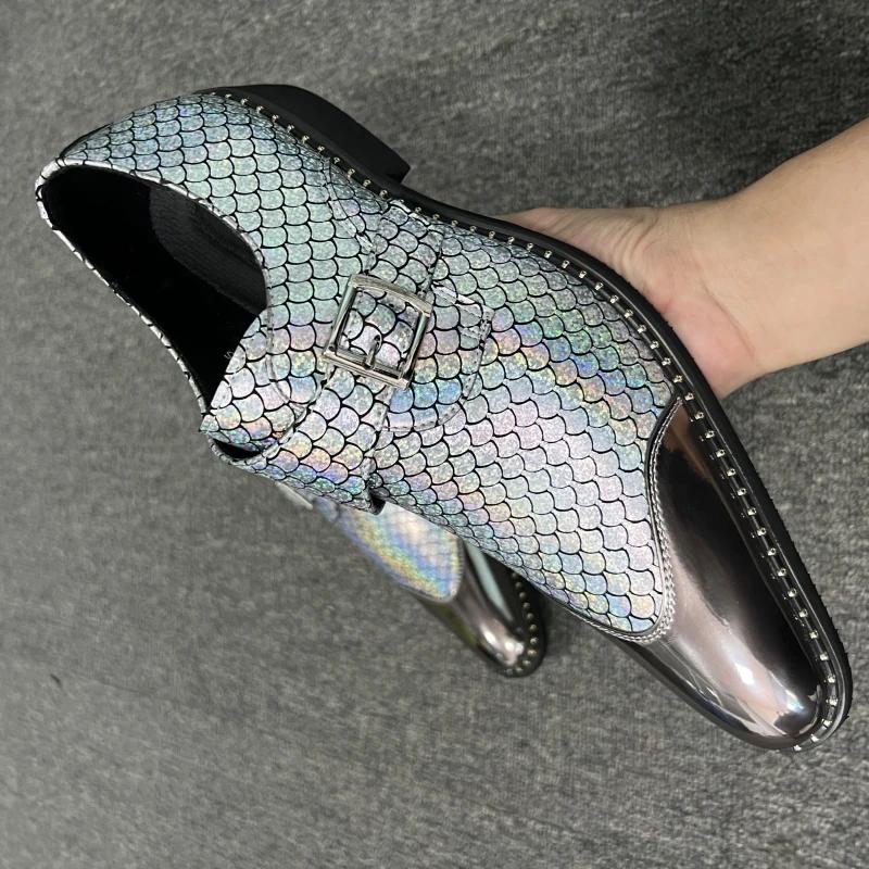 Gold Shoes for Men Wedding Loafers Pointed Toe Buckle Strap Silver Shoes for Men with  Size 38-44