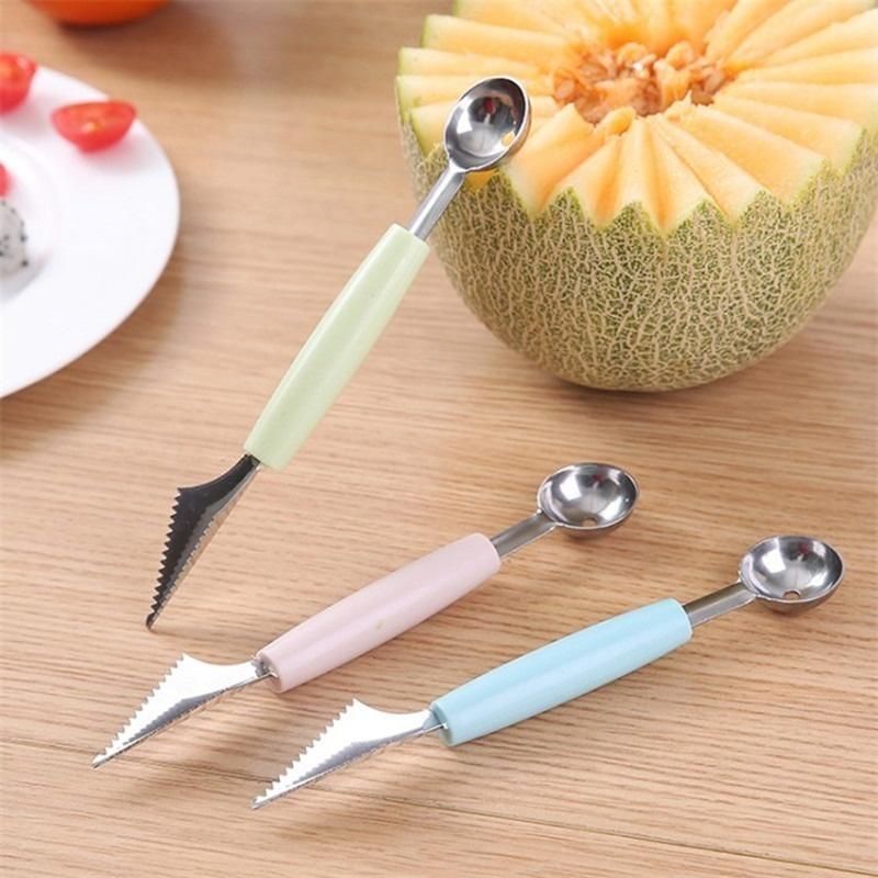 Household Kitchen Tools Double Function Stainless Steel Fruit Watermelon Scooper Carving Knife Fruit Cutter Ice Cream Scooper