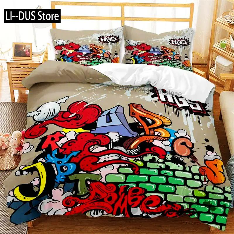 

Graffiti Duvet Cover Hip Hop Street Culture Print Bedding Set Microfiber Colorful Overlapping Blocky Letters Art Comforter Cover 135x200cm