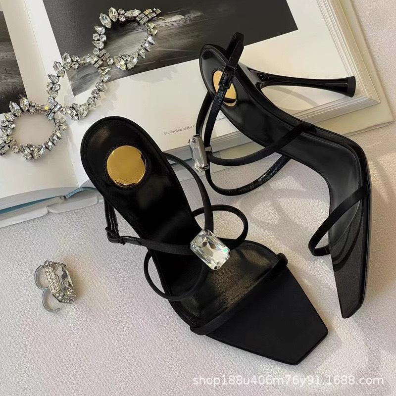 [Spot] New Open-toed Square Head Rhinestone Silk Cross One-word Buckle Sandals Female Sexy Temperament Stiletto