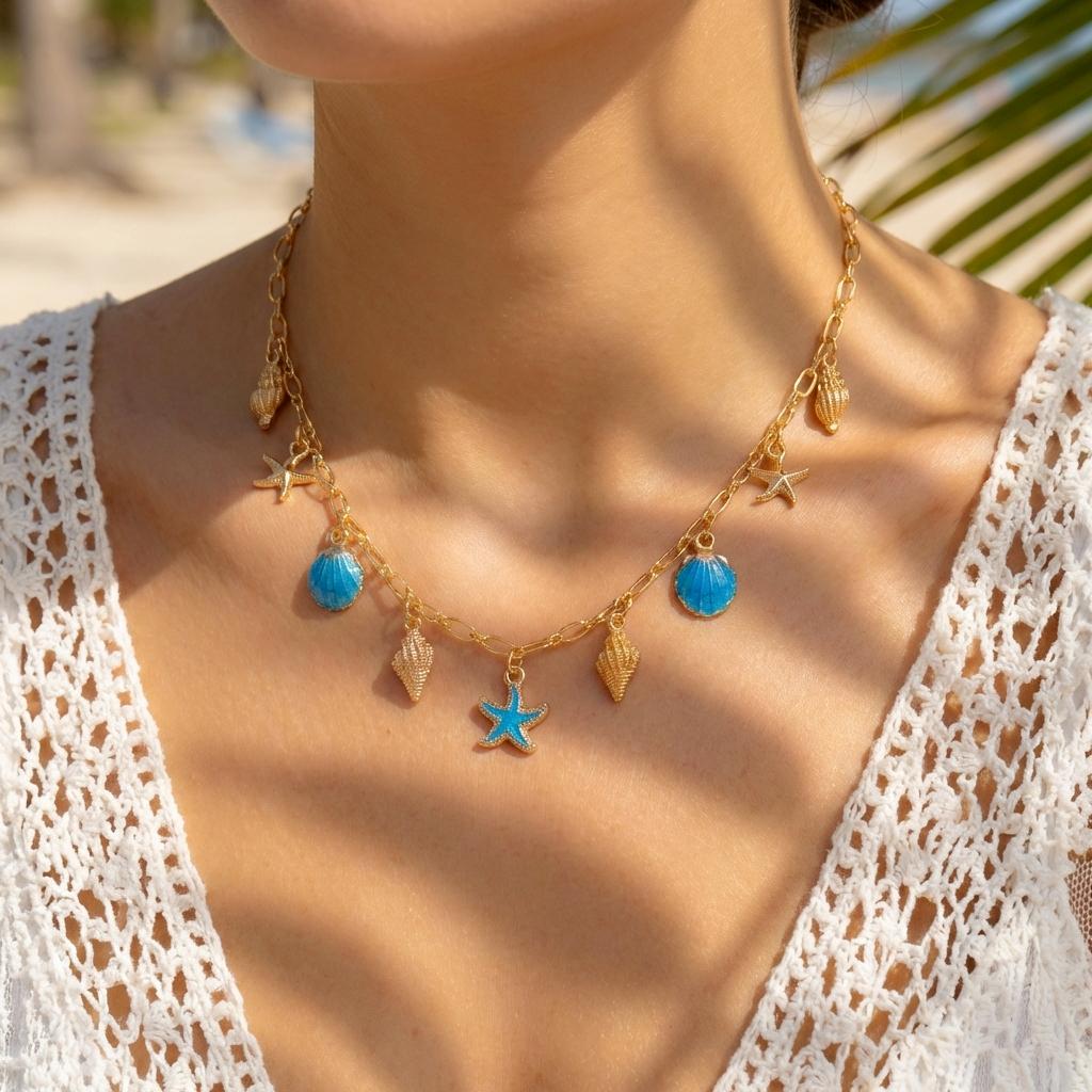 Emaille Seestern Muschel Halskette Böhmischer Strandstil Damen Modeaccessoire Urlaubsgeschenk Tägliches Accessoire