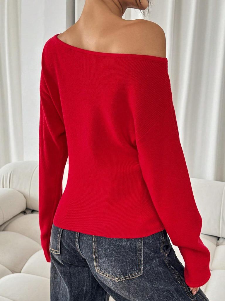 Women's Y2K Solid Color Long Sleeve Knit Sweater with Round Neck & Waist-Cinching Design