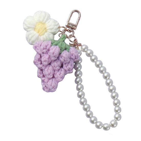 Crochet Flower Keychain Handmade Flower Fruit Bag Charm Cute Keychain Pendant with Faux Pearl Chain Accessory for Girls Women Keys Backpack