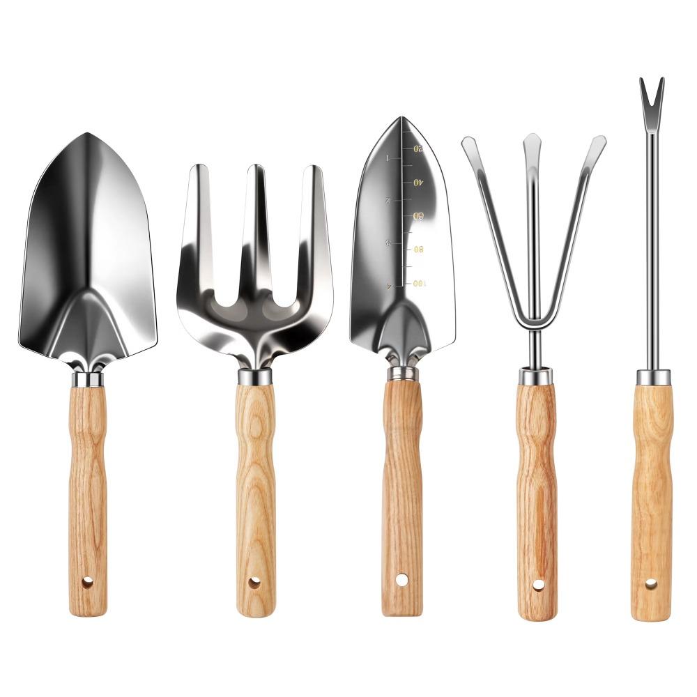Gardening Tool Set, 5 Pack Gardening Hand Tools Includes Trowel, Transplanter, Cultivator, Weeder, and Hand Rake
