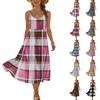 Damen Karomuster Verstellbarer Träger Ärmellos Bohemian Stil Lässig Strand Urlaub Midi Sommerkleid mit Tasche