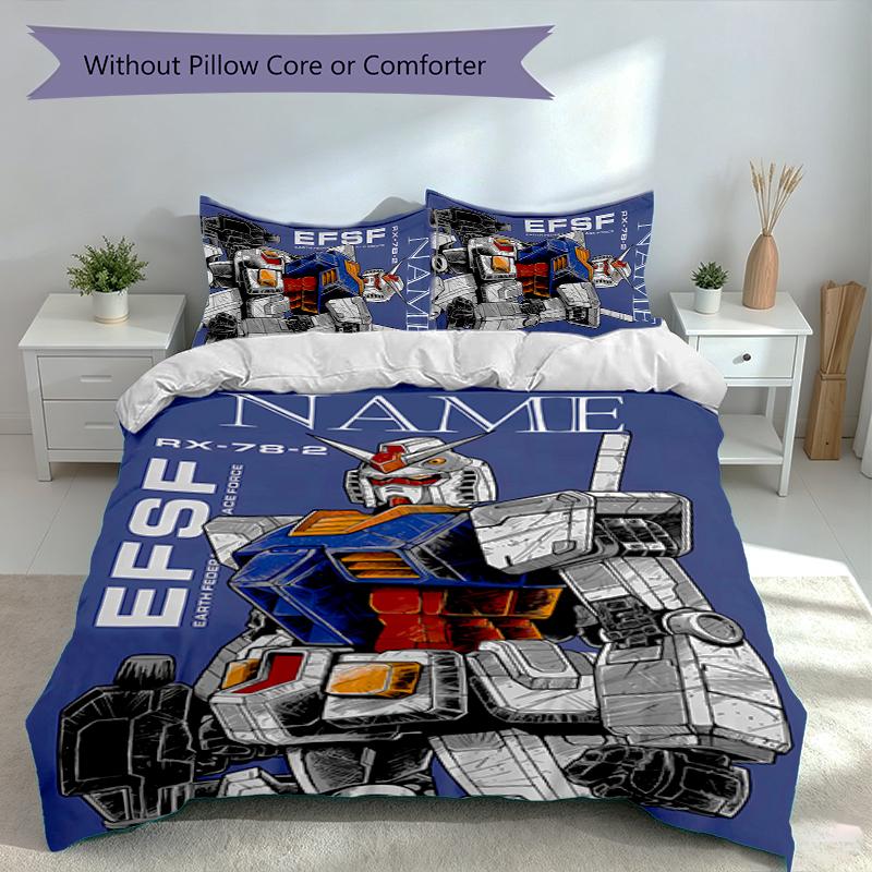 3pcs Custom Name Mobile Suit Gundam Set,Includes 1 Duvet Cover and 2 Pillowcases,All-season Bedroom Decor