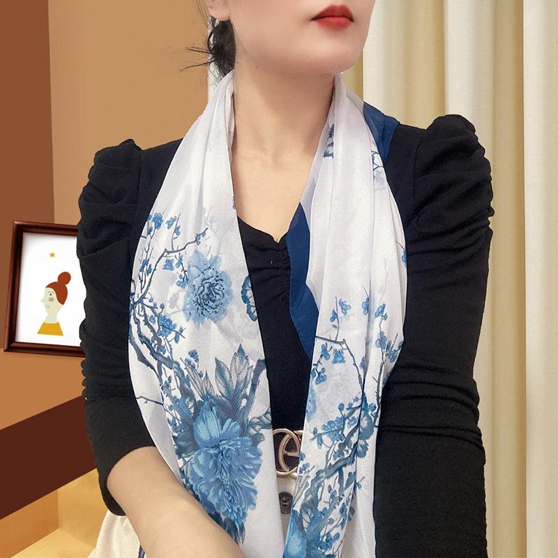 Large 95cm Square Korean Silk Chiffon Scarf for Women - Printed Neck or Head Scarf