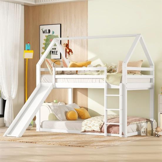 Stable Base Bunk Bed with Ladder Slide Falling Protection House Bed Strong Load Bearing Double Bed Solid Structure Wood Frame Family Loft Bed Bedroom