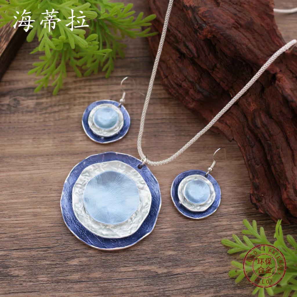 New enamel three-layer round cake stud earrings long pendant set, women's exaggerated high-end round necklace