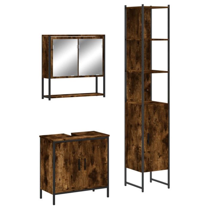 Bathroom Furniture Set - VIDAXL - Smoked Oak - 3 Pieces - Contemporary Design - Spacious Storage