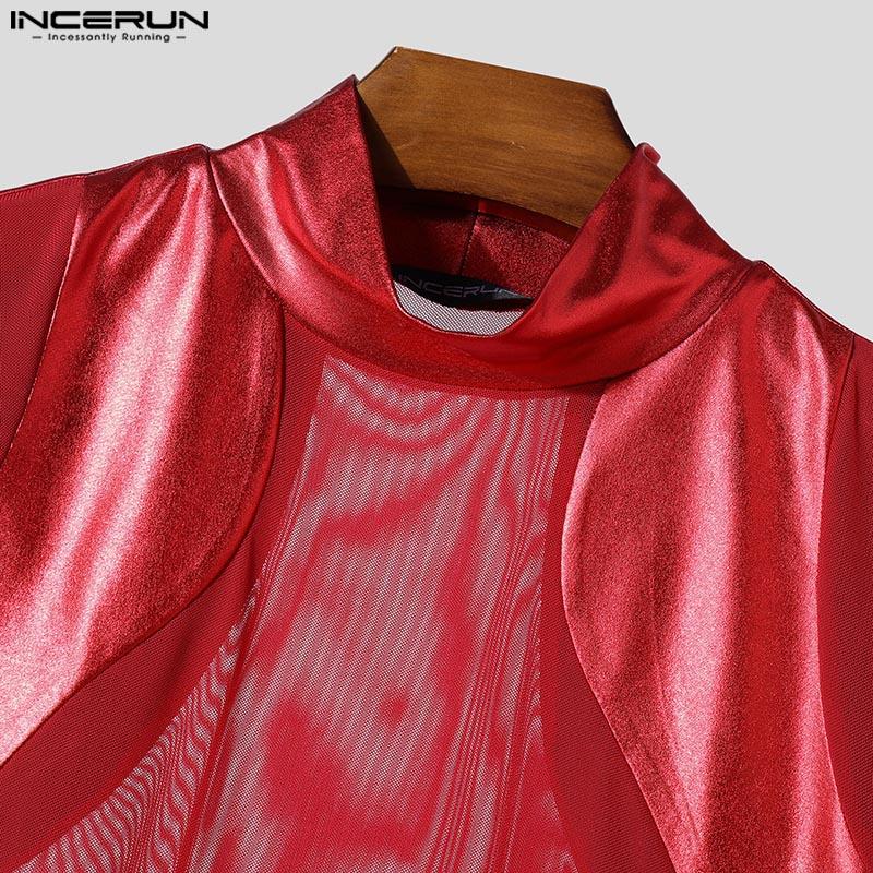 INCERUN Men Long Sleeve Glitter Patchwork Mesh Sheer See Through Leotard Jumpsuits