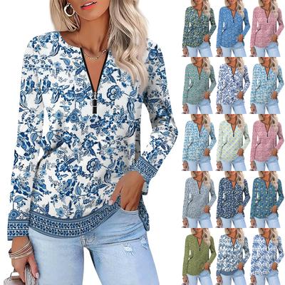 Women's   Fashion Casual Printed Zipper V-Neck Long Sleeve Shirt Tops
