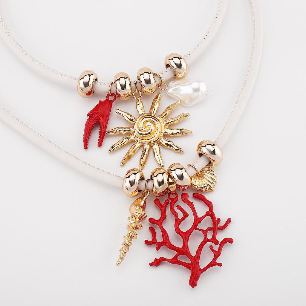 Unique Creative European American Exaggerated Blood Coral Branch Sun Pendant Bohemian Leather Rope Necklace Women Trendy Jewelry